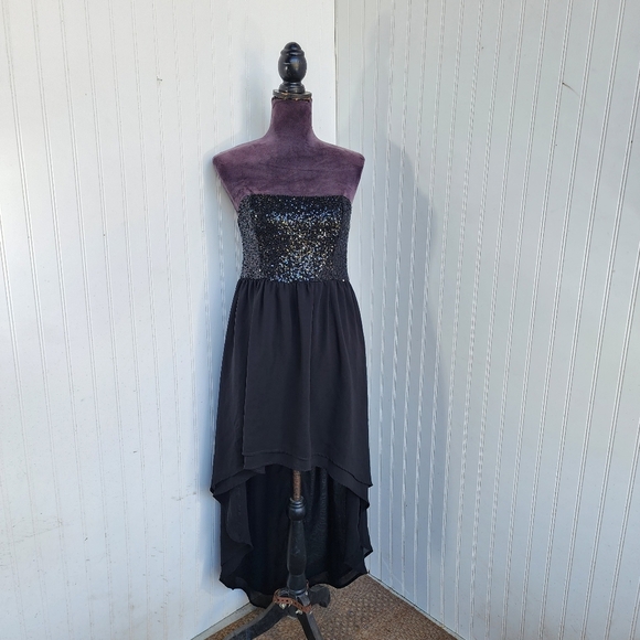 Forever 21 Dress Black Strapless Sequins  Hi Low Women Party Shiffon Size Small - Picture 1 of 15